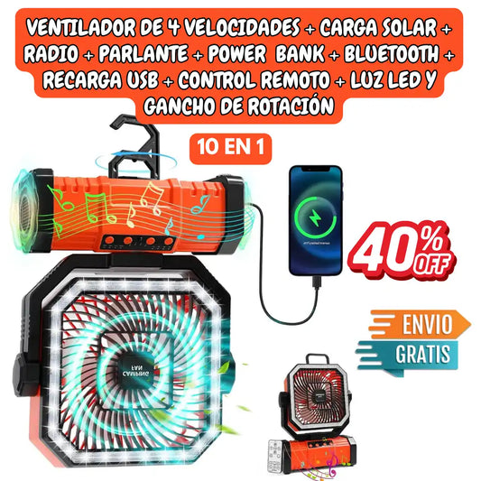 VENTILADOR SOLAR CON BLUETOOTH RECARGABLE DE 4 VELOCIDADES | RADIO PARLANTE FM/AM | POWER BANK | CONTROL REMOTO | LUZ LED Y GANCHO DE ROTACIÓN
