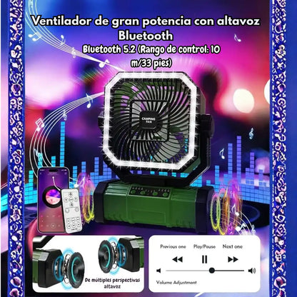 VENTILADOR SOLAR CON BLUETOOTH RECARGABLE DE 4 VELOCIDADES | RADIO PARLANTE FM/AM | POWER BANK | CONTROL REMOTO | LUZ LED Y GANCHO DE ROTACIÓN