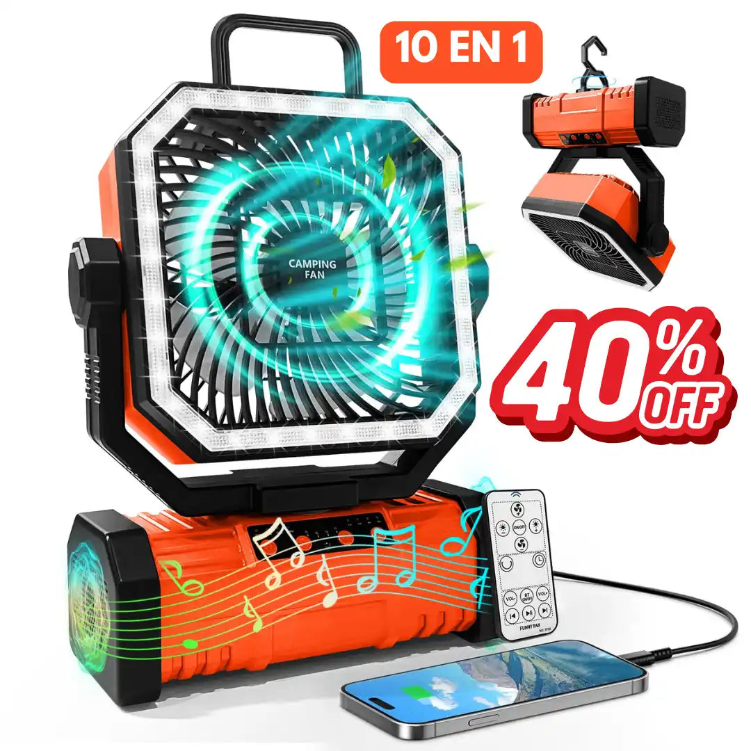 VENTILADOR SOLAR CON BLUETOOTH RECARGABLE DE 4 VELOCIDADES | RADIO PARLANTE FM/AM | POWER BANK | CONTROL REMOTO | LUZ LED Y GANCHO DE ROTACIÓN