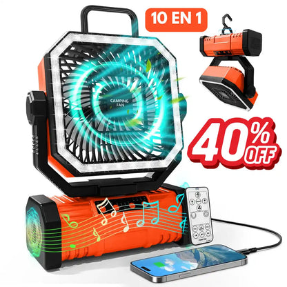 VENTILADOR SOLAR CON BLUETOOTH RECARGABLE DE 4 VELOCIDADES | RADIO PARLANTE FM/AM | POWER BANK | CONTROL REMOTO | LUZ LED Y GANCHO DE ROTACIÓN