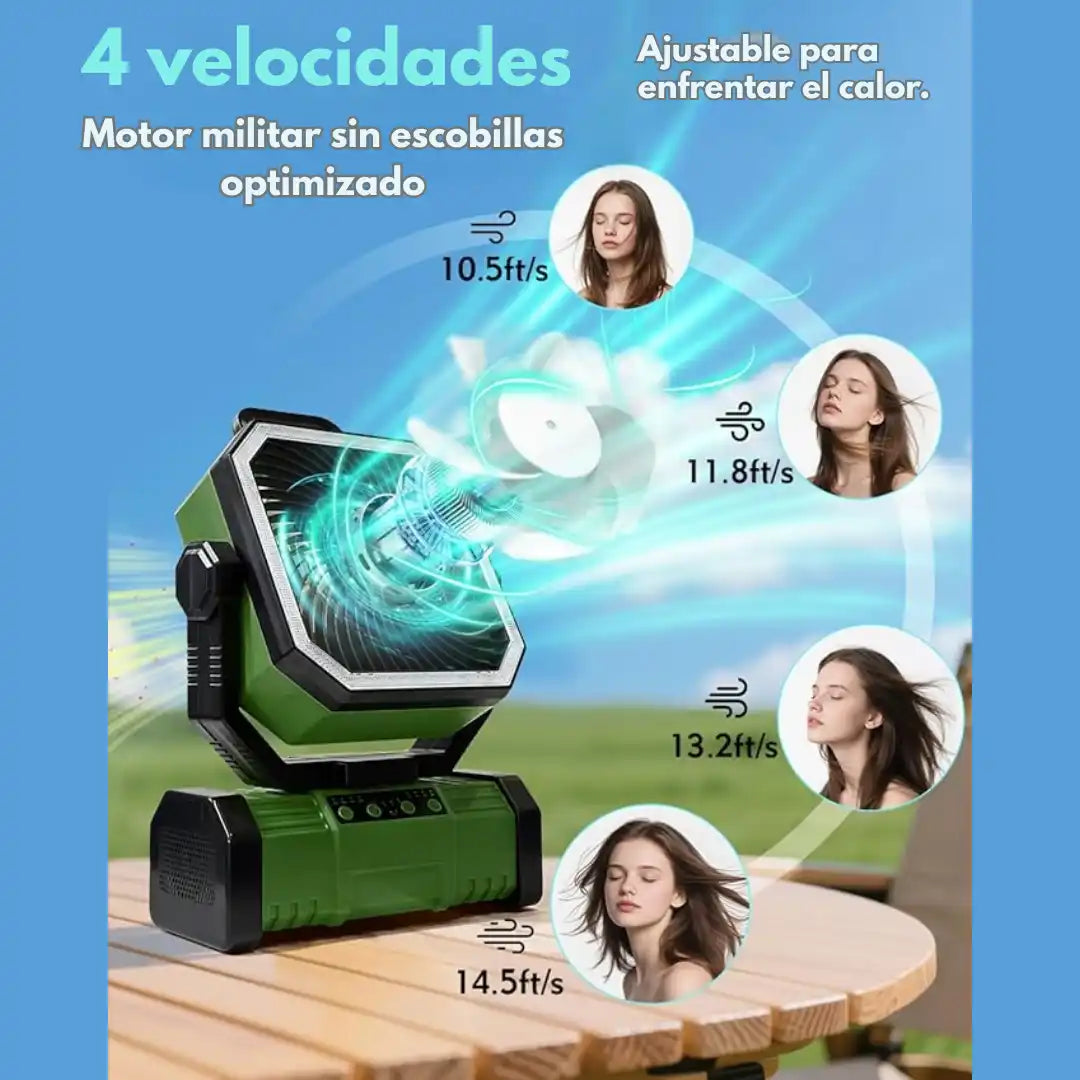 VENTILADOR SOLAR CON BLUETOOTH RECARGABLE DE 4 VELOCIDADES | RADIO PARLANTE FM/AM | POWER BANK | CONTROL REMOTO | LUZ LED Y GANCHO DE ROTACIÓN