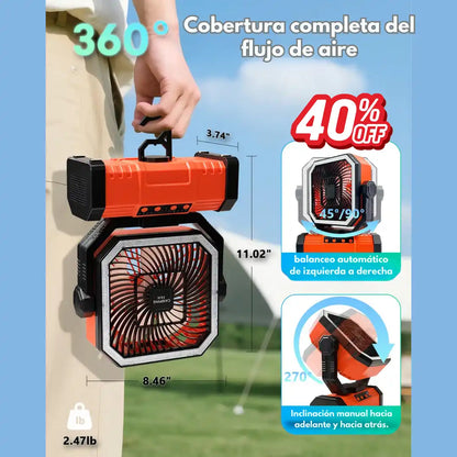 VENTILADOR SOLAR CON BLUETOOTH RECARGABLE DE 4 VELOCIDADES | RADIO PARLANTE FM/AM | POWER BANK | CONTROL REMOTO | LUZ LED Y GANCHO DE ROTACIÓN