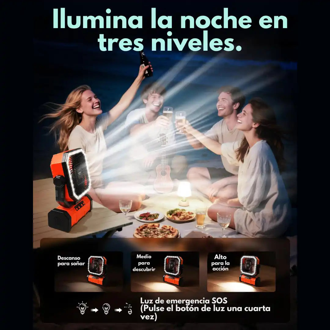 VENTILADOR SOLAR CON BLUETOOTH RECARGABLE DE 4 VELOCIDADES | RADIO PARLANTE FM/AM | POWER BANK | CONTROL REMOTO | LUZ LED Y GANCHO DE ROTACIÓN