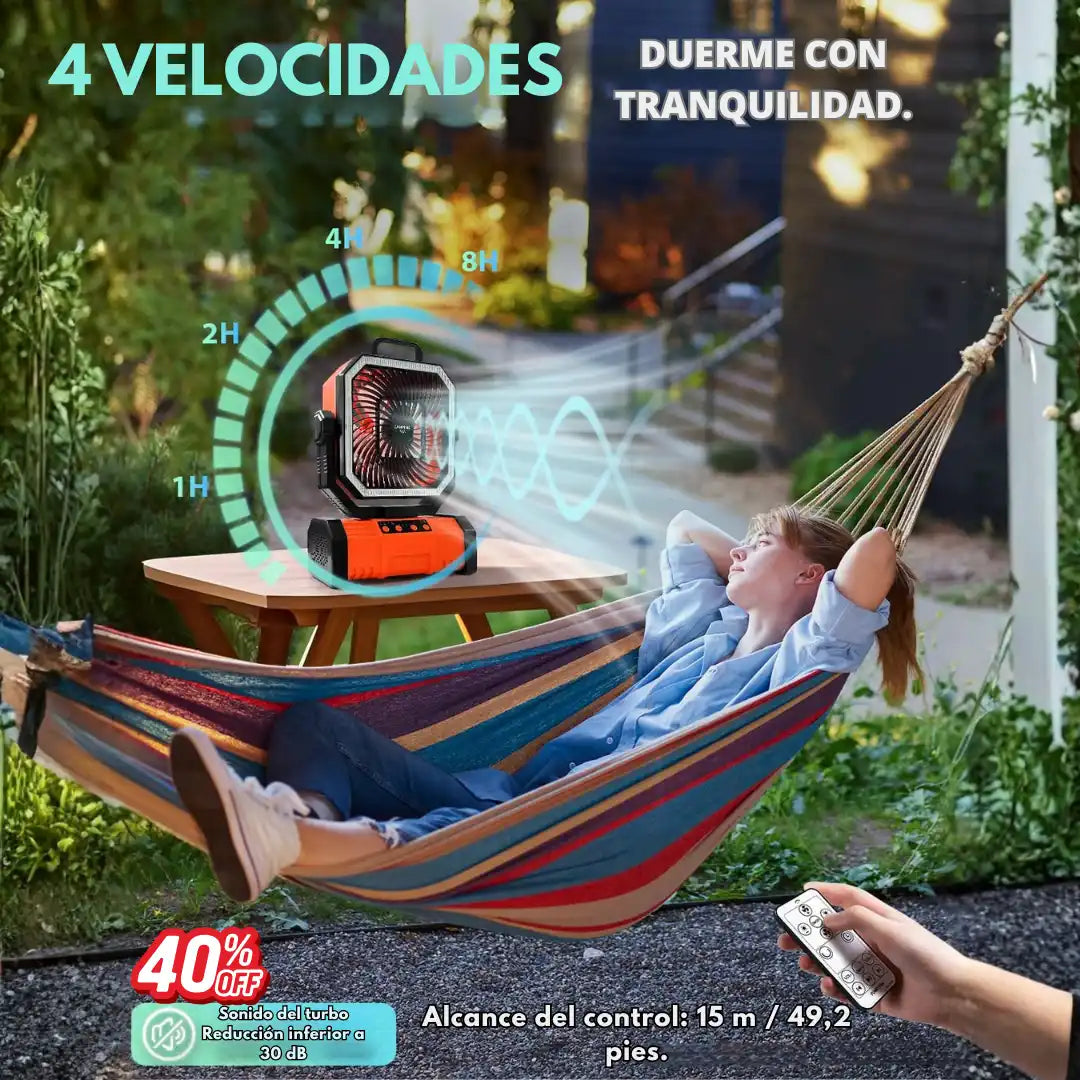 VENTILADOR SOLAR CON BLUETOOTH RECARGABLE DE 4 VELOCIDADES | RADIO PARLANTE FM/AM | POWER BANK | CONTROL REMOTO | LUZ LED Y GANCHO DE ROTACIÓN