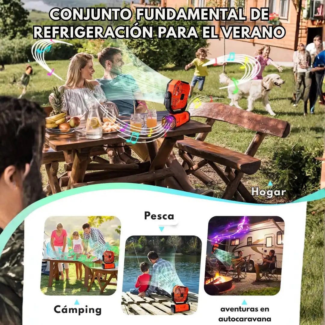 VENTILADOR SOLAR CON BLUETOOTH RECARGABLE DE 4 VELOCIDADES | RADIO PARLANTE FM/AM | POWER BANK | CONTROL REMOTO | LUZ LED Y GANCHO DE ROTACIÓN