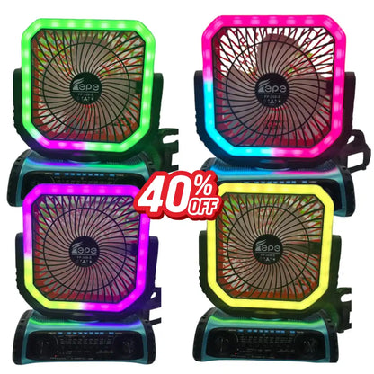VENTILADOR SOLAR CON BLUETOOTH RECARGABLE DE 4 VELOCIDADES | RADIO PARLANTE FM/AM | POWER BANK | CONTROL REMOTO | LUZ LED Y GANCHO DE ROTACIÓN
